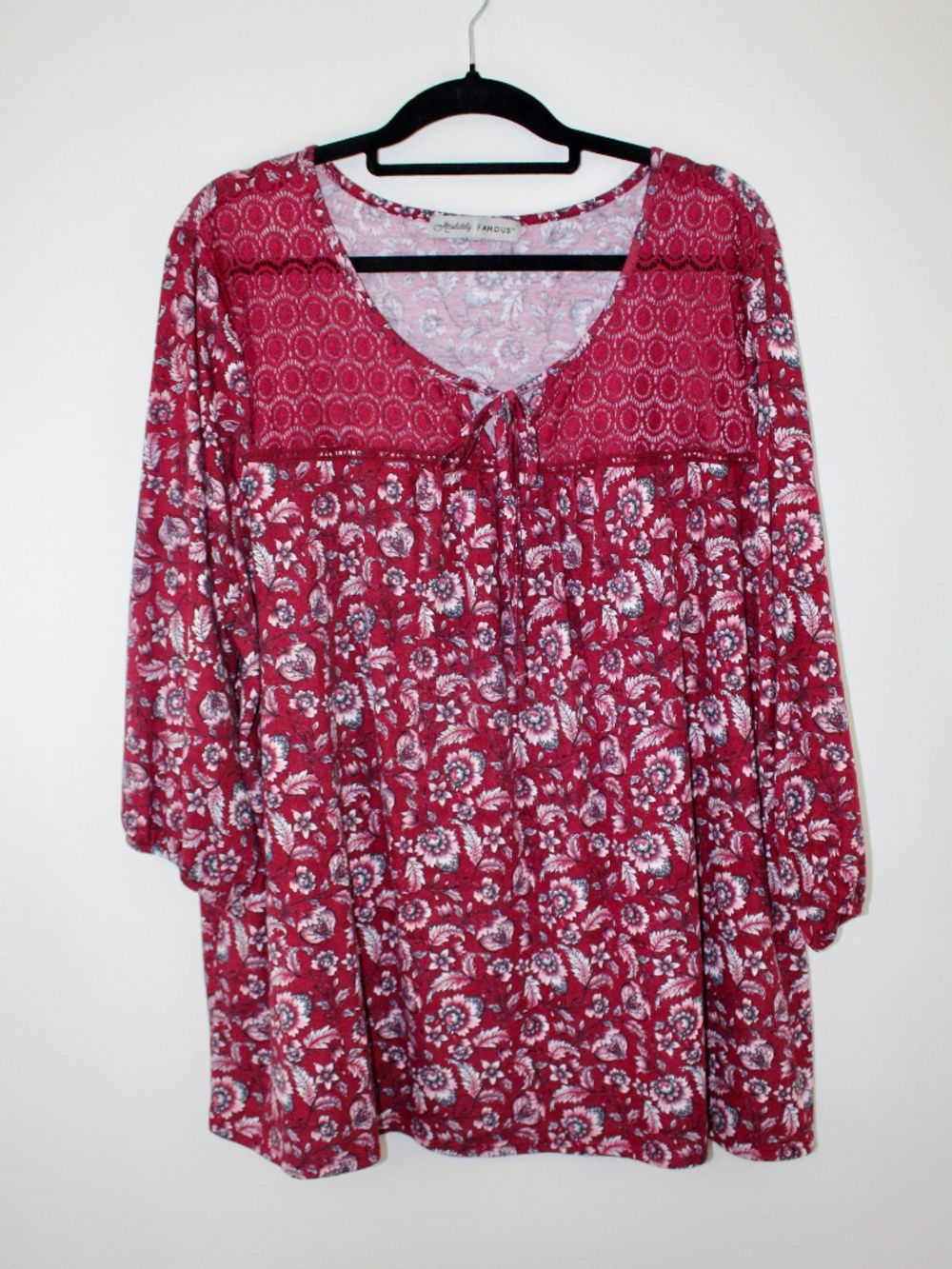 Absolutely Famous Burgundy Floral Crochet Yoke Top 3X